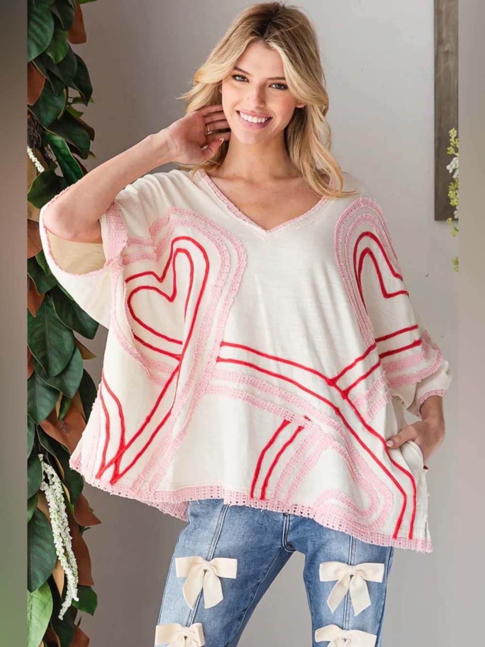 Oli & Hali Washed Connective Hearts V-Neck Top Oversized Bohemian Size XL - Picture 2 of 12